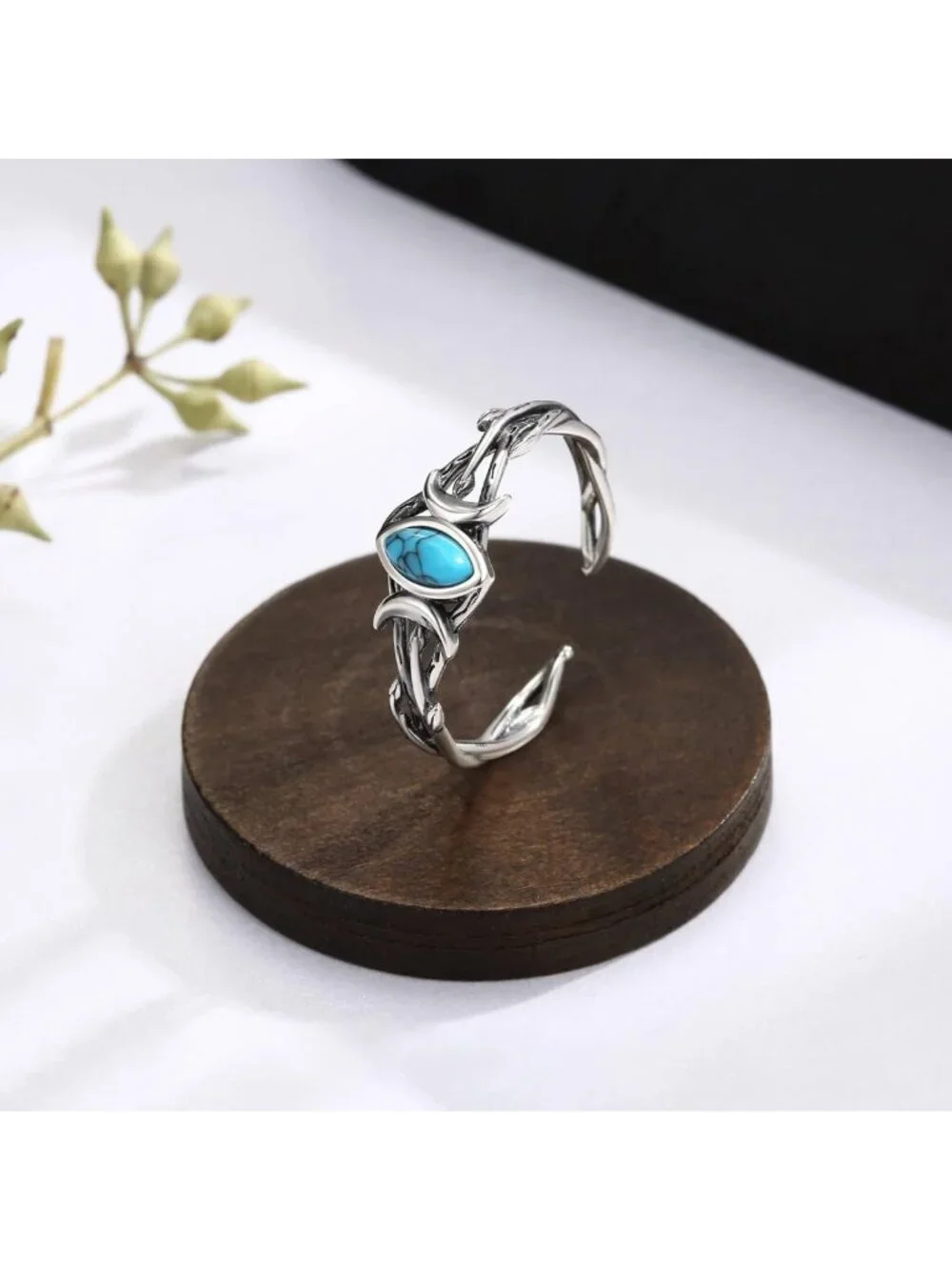 Turquoise Crescent Moon Ring - 925 Sterling Silver Adjustable Vintage Jewelry